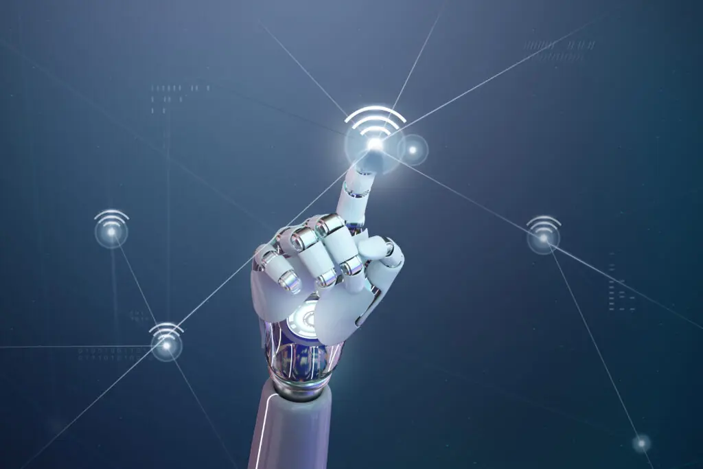 Futuristic 5g wireless network, AI robot hand tap on wifi icon