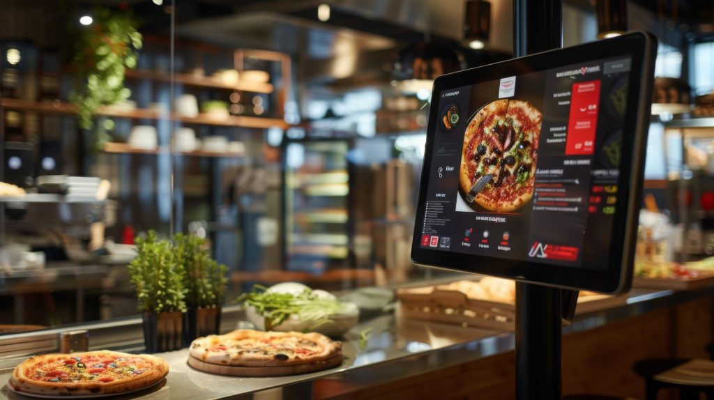 digital menu display shows delicious pizza restaurant setting menu board is positioned(1)