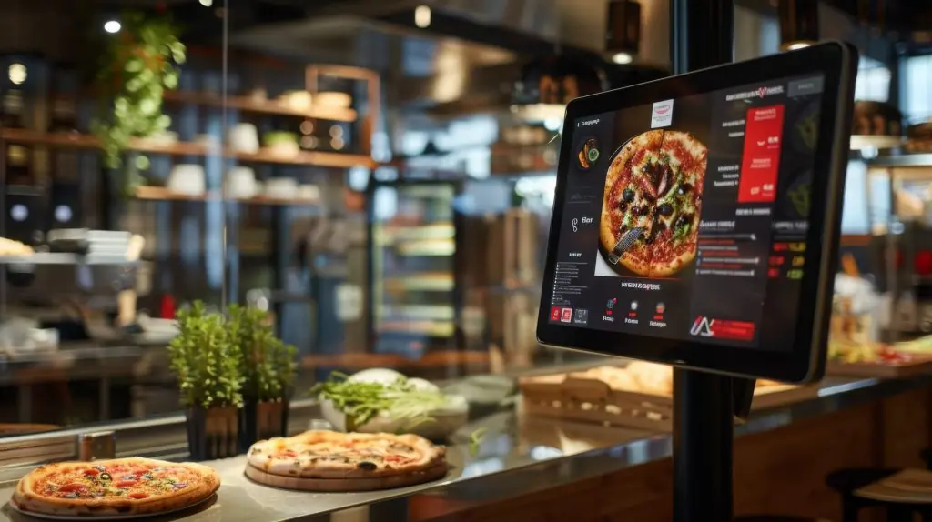 digital menu display shows delicious pizza restaurant setting menu board is positioned(1)