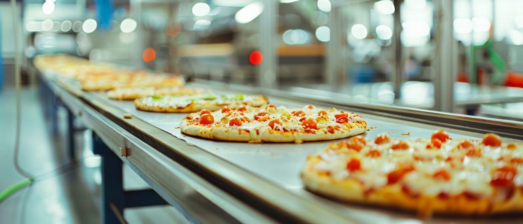 A streamlined production line in a bustling kitchen processes pizzas, each topped to perfection and ready for baking.