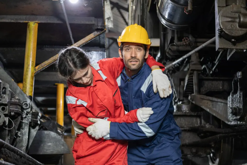 concerned-man-helping-injured-woman-in-factory-2026-03-20-00-52-34-utc