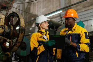 professional engineer team inspecting service machine in heavy industry factory
