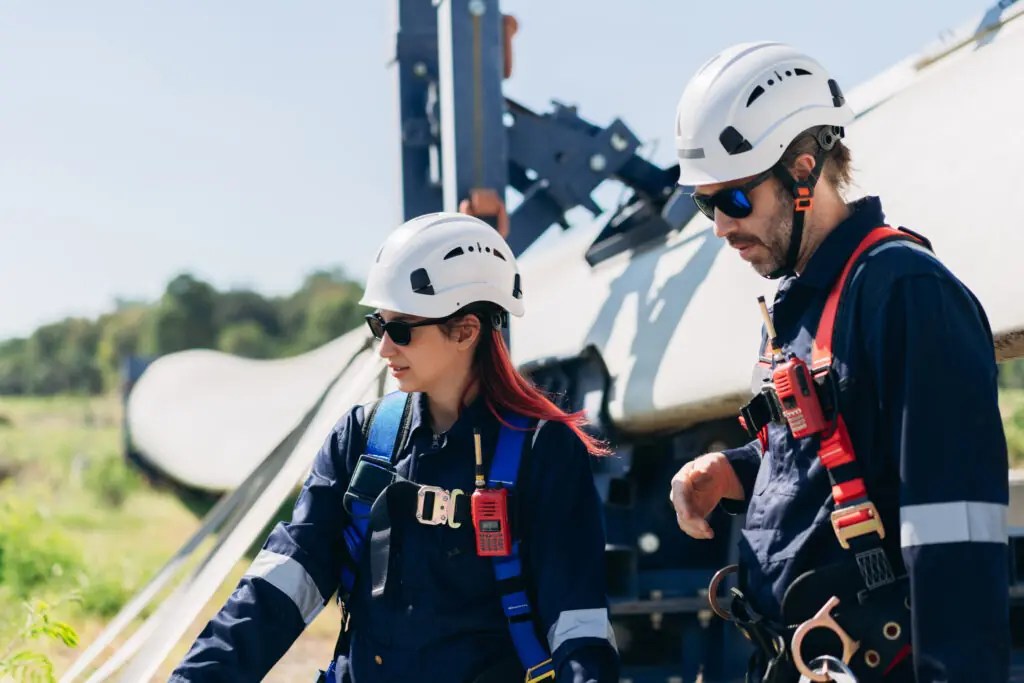 Professional wind turbine engineers preparing and inspecting equipment for installation and maintenance at a renewable energy site, teamwork, clean power, and sustainable technology.